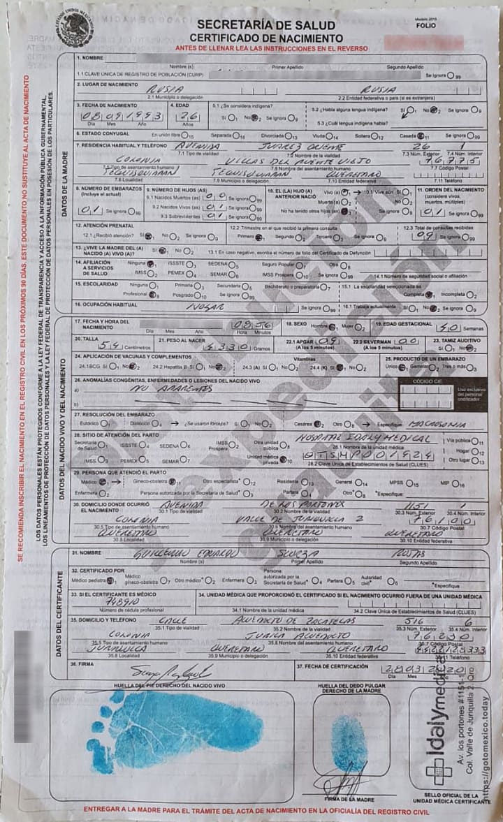 Certificado de Nacimiento Mexico