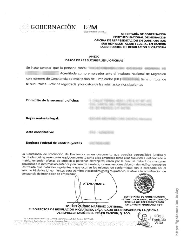 Подтверждение регистрации работодателя в миграционной службе Мексики