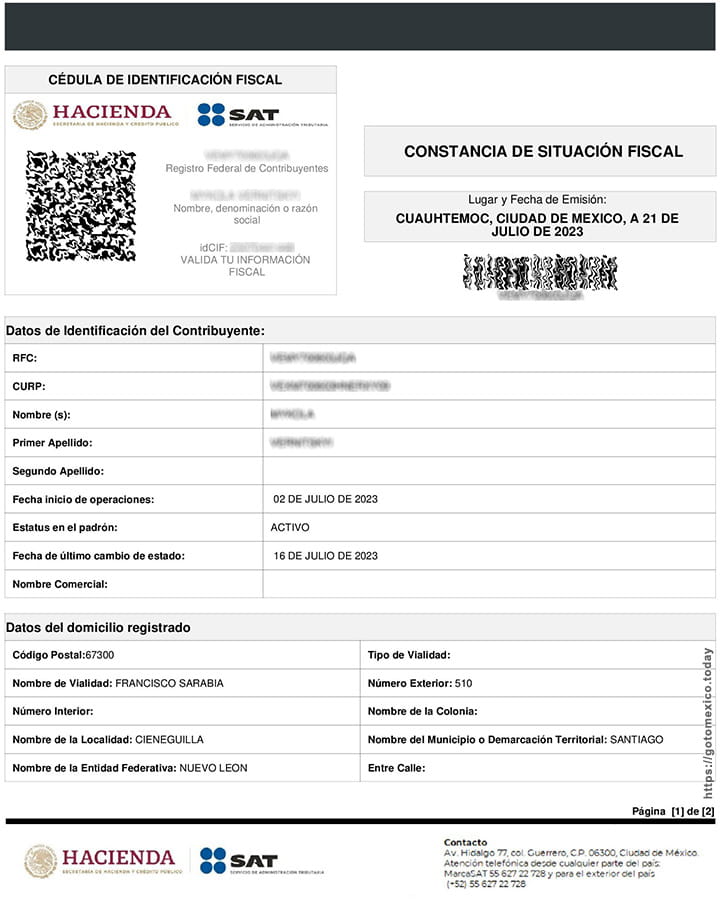 Подтверждение налогового статуса в Мексике, стр. 1