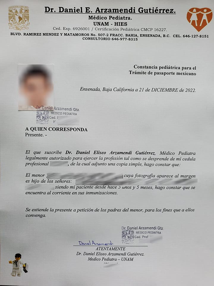 Constancia pediatrica para el tramite de pasaporte