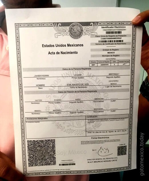 Acta de Nacimiento, Mexico (Copia certificada)
