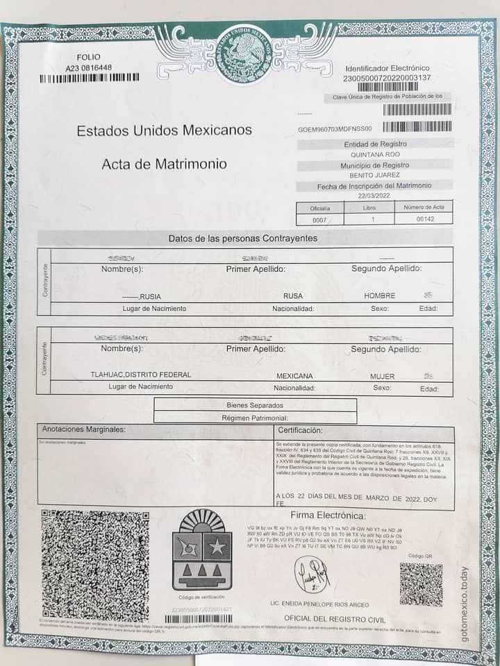 Marriage certificate in the state of Quintana Roo, Mexico