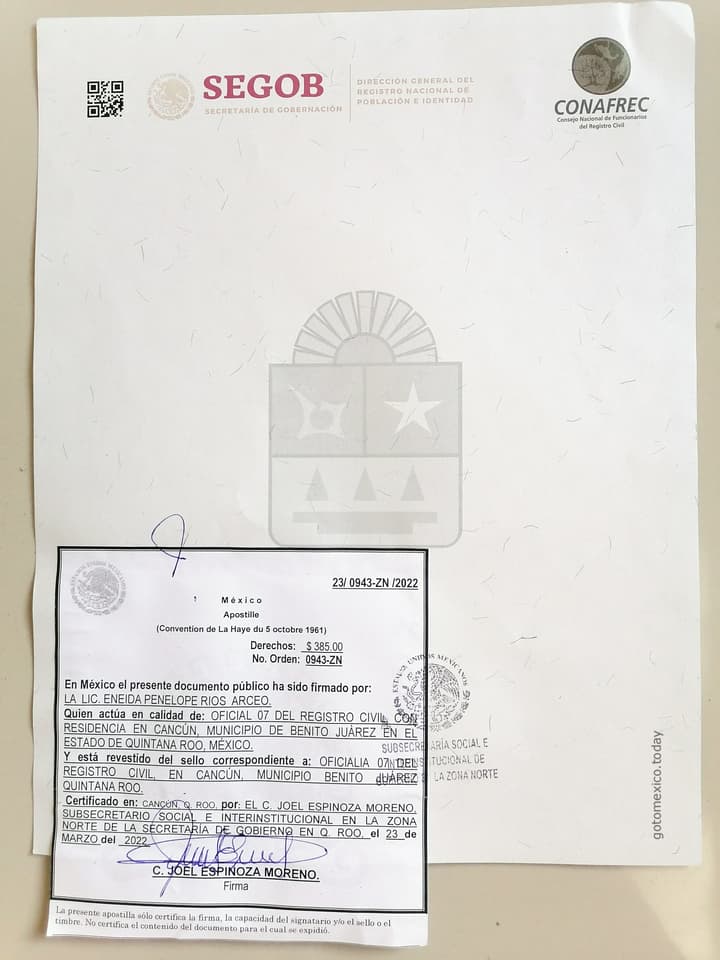 Marriage certificate in the state of Quintana Roo, Mexico