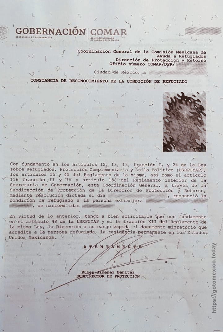 Constancia de reconocimiento de la condición de refugiado de COMAR