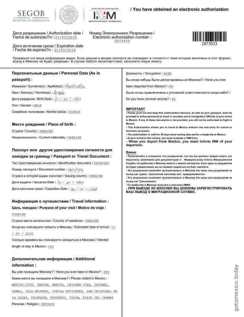 Пример полученного электронного разрешения на въезд в Мексику