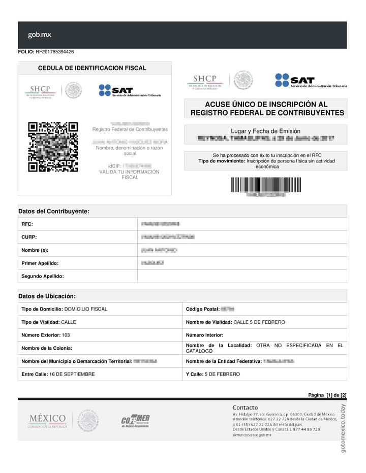 Подтверждение получения налогового номера RFC, с. 1