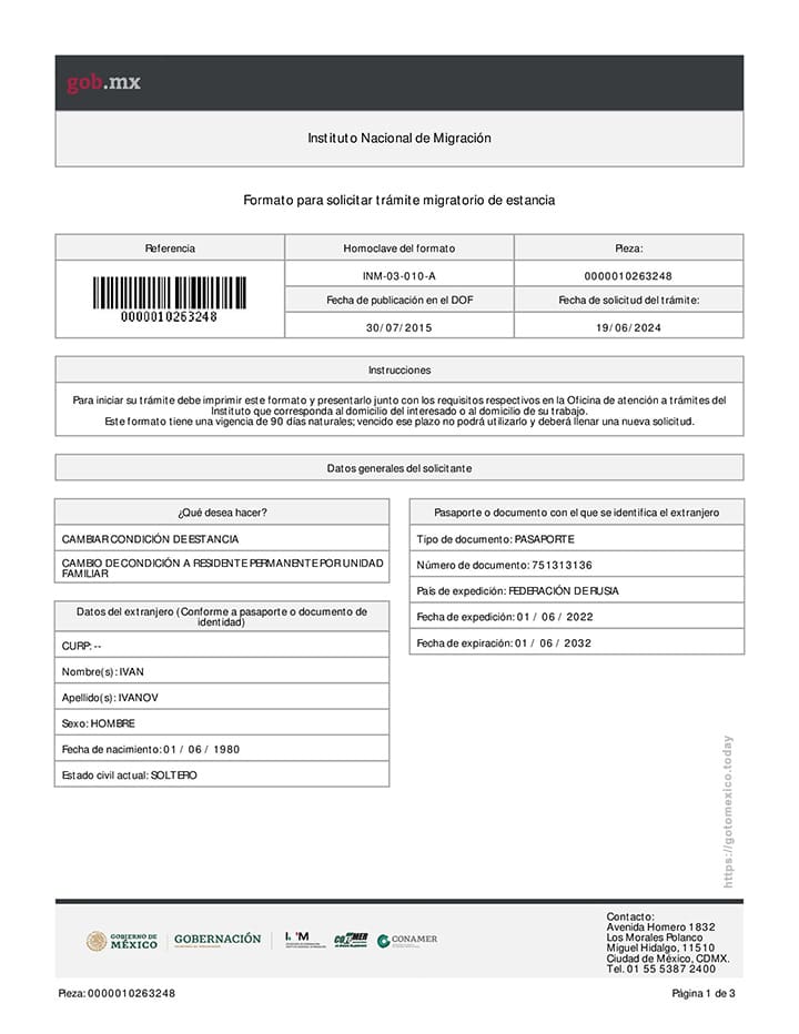 Заполненная заявка на процедуру миграционной службы Мексики, стр. 1